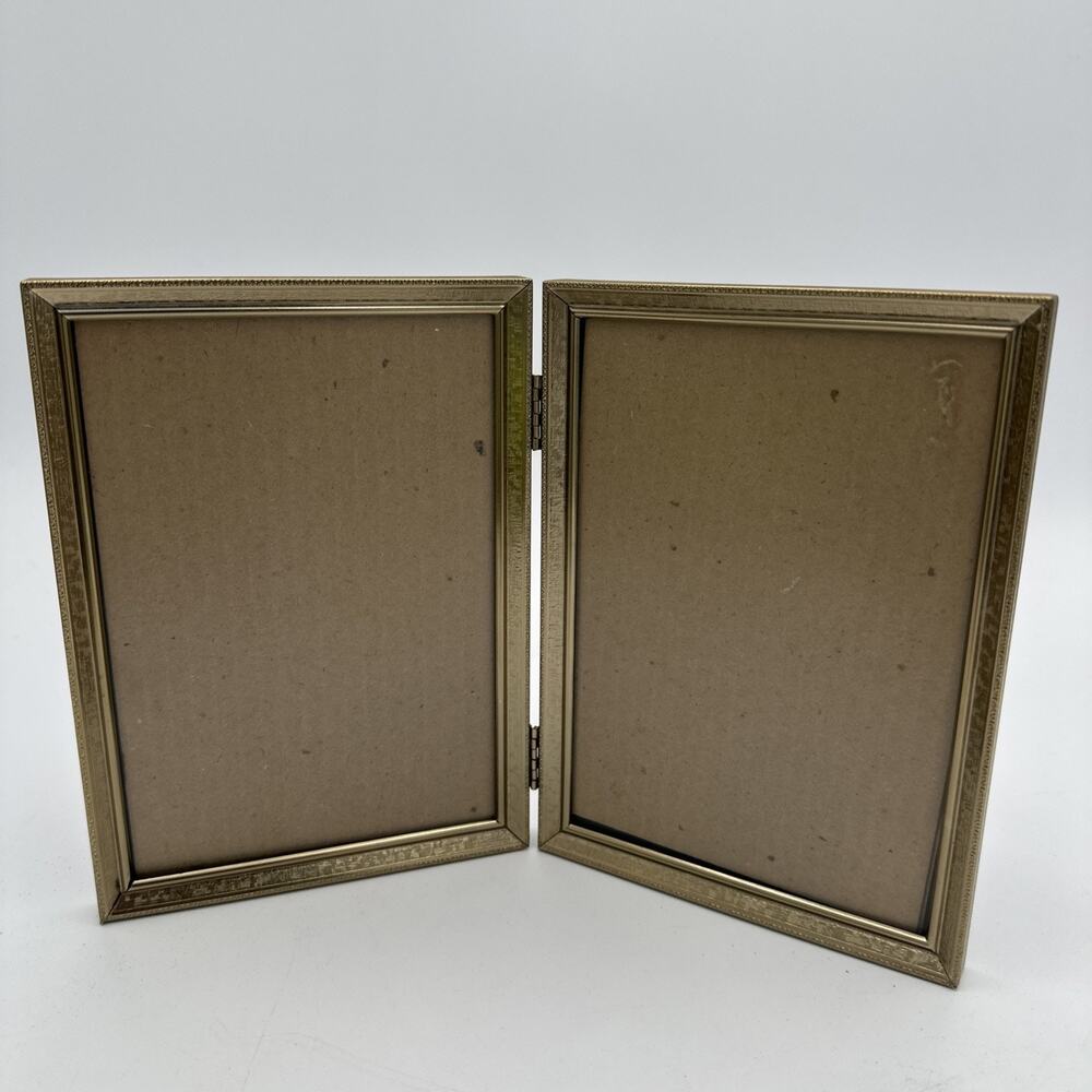 Vintage Bi-fold Brass Gold Tone Double Hinged 5x7” Photo Picture Frame MCM